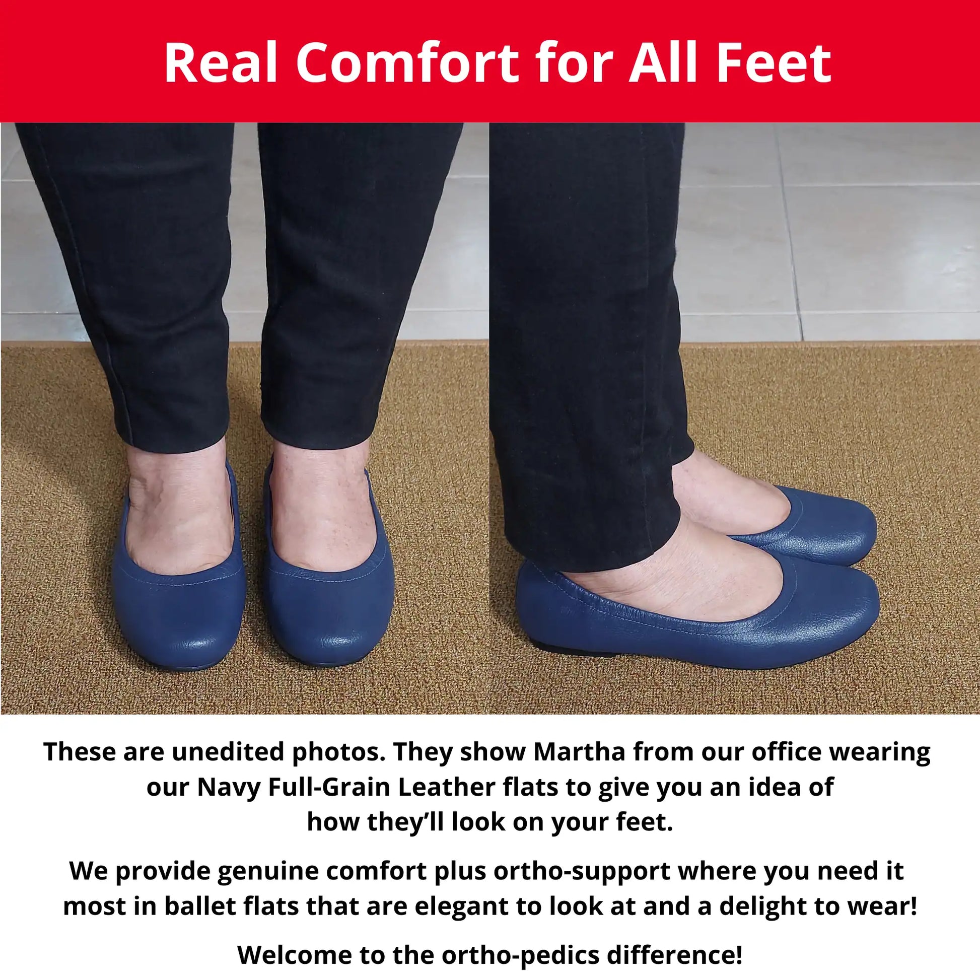 Martha from our office wearing Navy Full Grain leather orthopedic ballet flats, showing a front and side view. The image also includes descriptive text highlighting the genuine comfort, ortho-support, and elegant style of these flats.