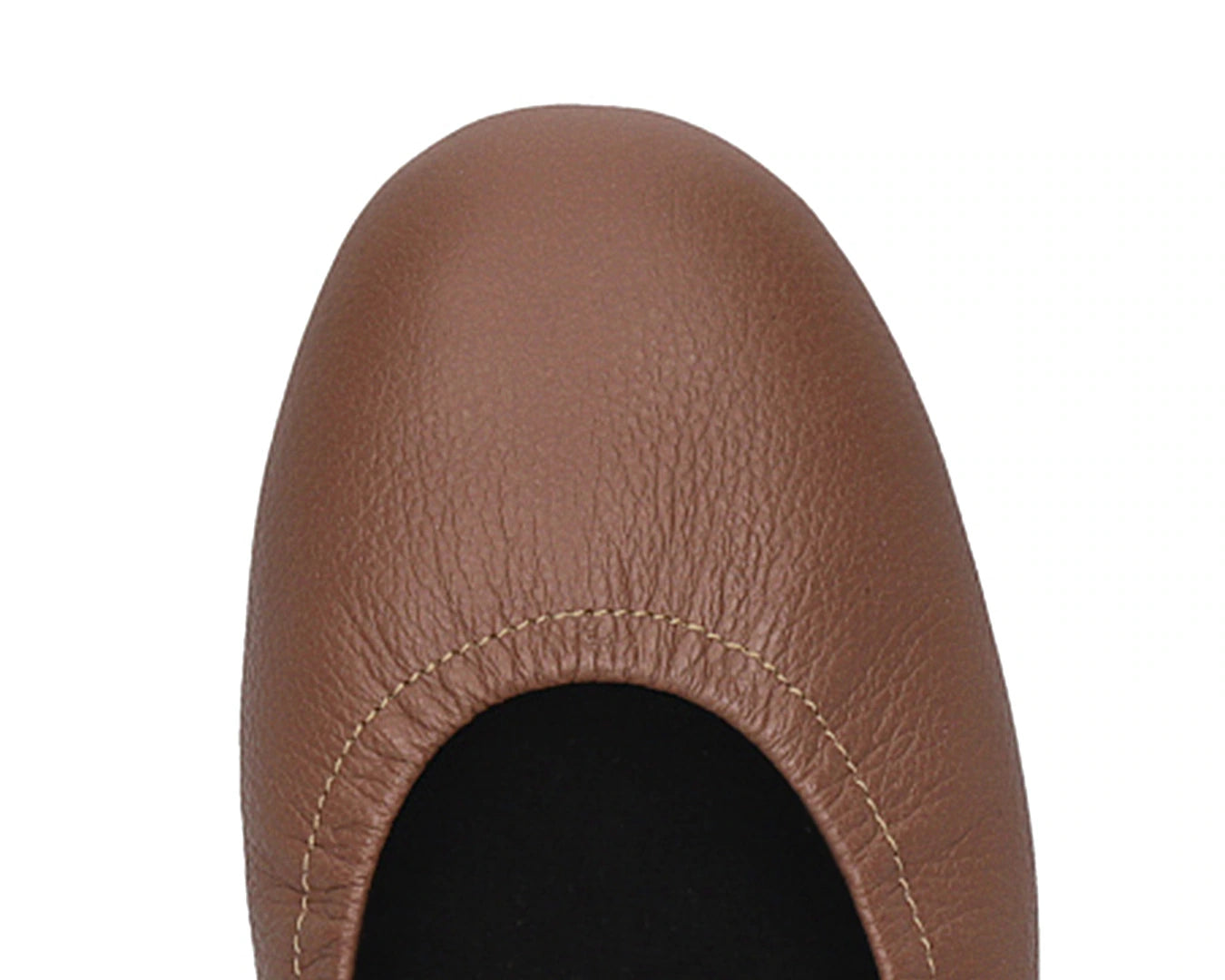 Close-up of the embossed grain leather on Nutmeg Brown Full Grain Leather Ballet Flats with removable BLACK FlexiComfort orthotic for flat feet.