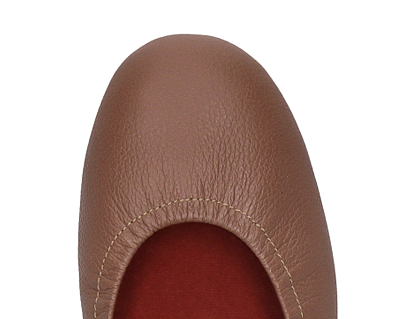 Close-up of the embossed grain leather on Nutmeg Brown Full Grain Leather Ballet Flats with removable RED ArchSupport orthotic for flat feet, calcaneal spurs, and plantar fasciitis.