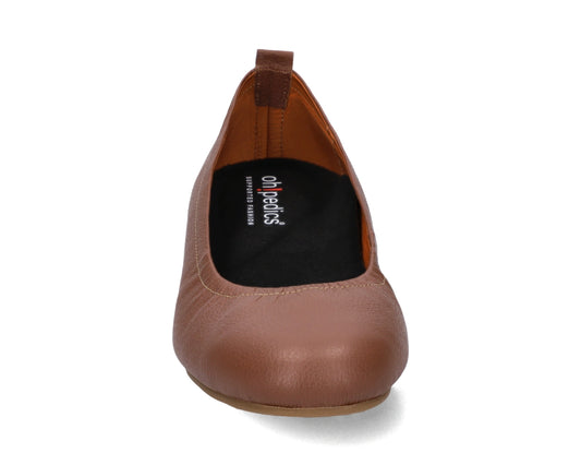 Front view of Nutmeg Brown Full Grain Leather Ballet Flats with a semi-round toe and BLACK FlexiComfort orthotic for flat feet.