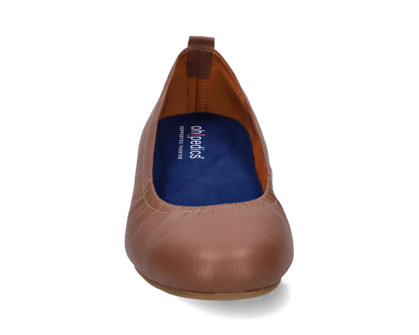 Front view of Nutmeg Brown Full Grain Leather Ballet Flats with a semi-round toe and BLUE ComfortFlex orthotic for feet without problems.