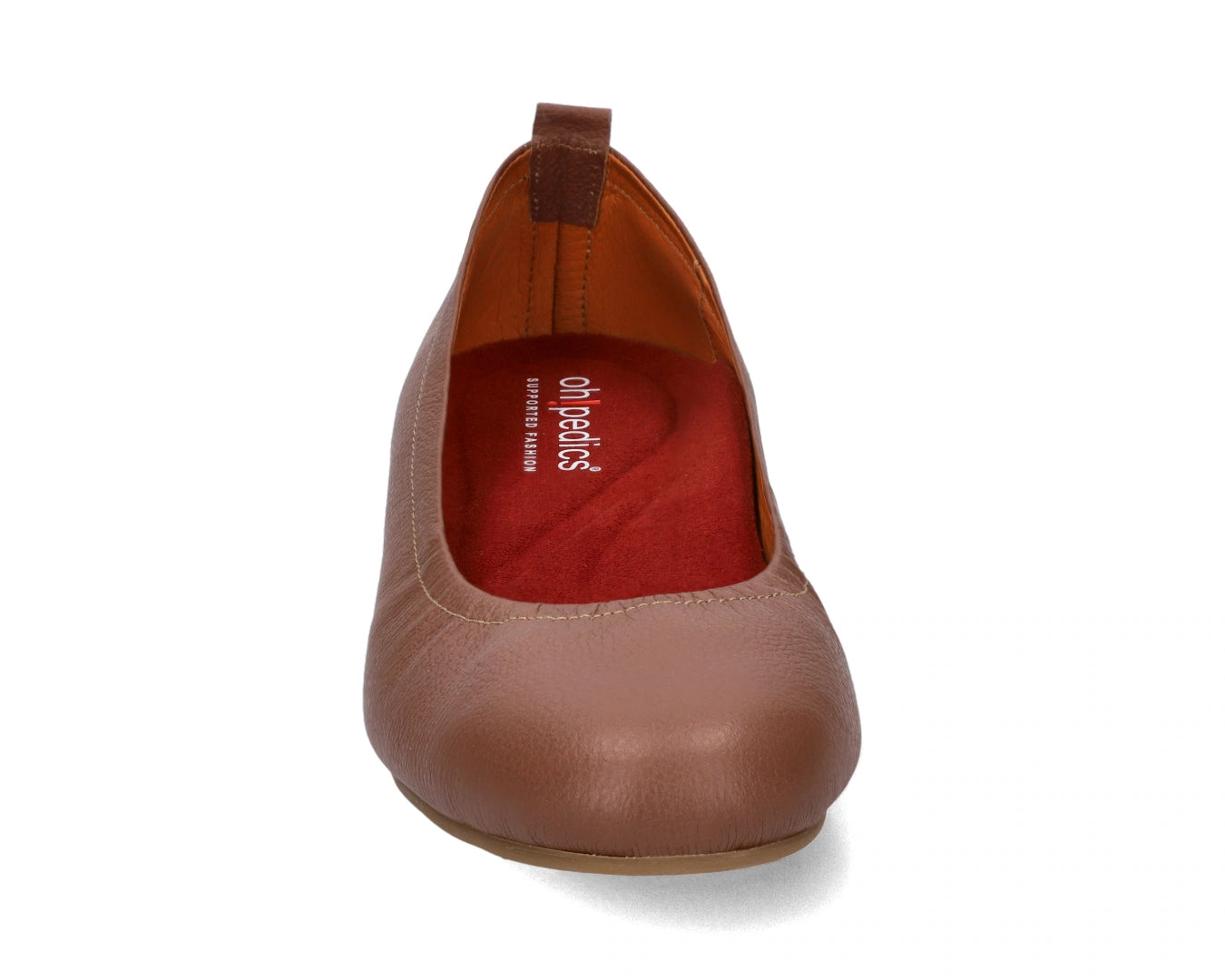 Front view of Nutmeg Brown Full Grain Leather Ballet Flats with a semi-round toe and RED Arch Support orthotic for flat feet, calcaneal spurs, and plantar fasciitis.