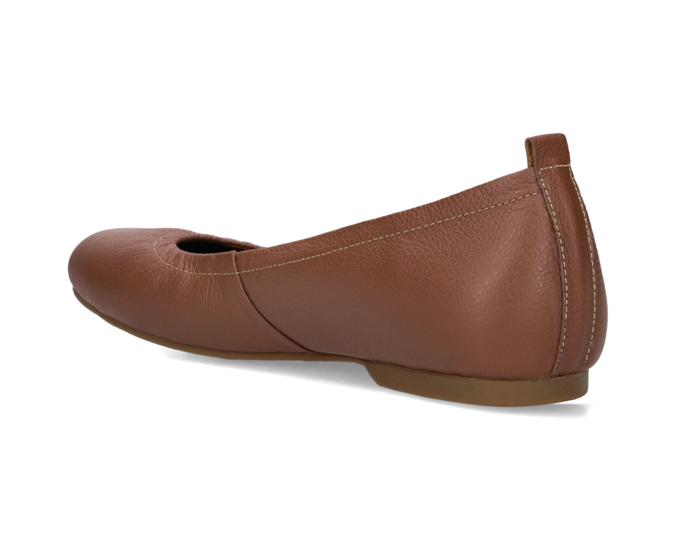 Three-quarter back view of Nutmeg Brown Full Grain Leather Ballet Flats with a semi-round toe.