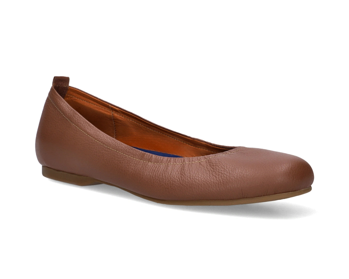 Three-quarter front view of Nutmeg Brown Full Grain Leather Ballet Flats with a semi-round toe and removable BLUE ComfortFlex orthotic for feet without problems.