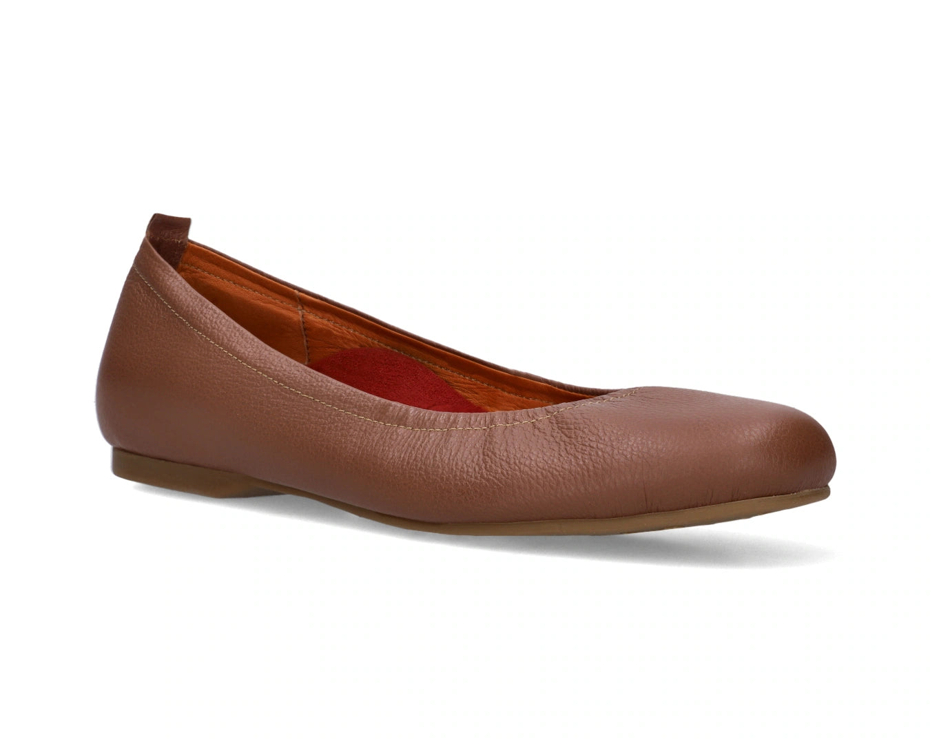 Three-quarter front view of Nutmeg Brown Full Grain Leather Ballet Flats with a semi-round toe and removable RED ArchSupport orthotic for flat feet, calcaneal spurs, and plantar fasciitis.
