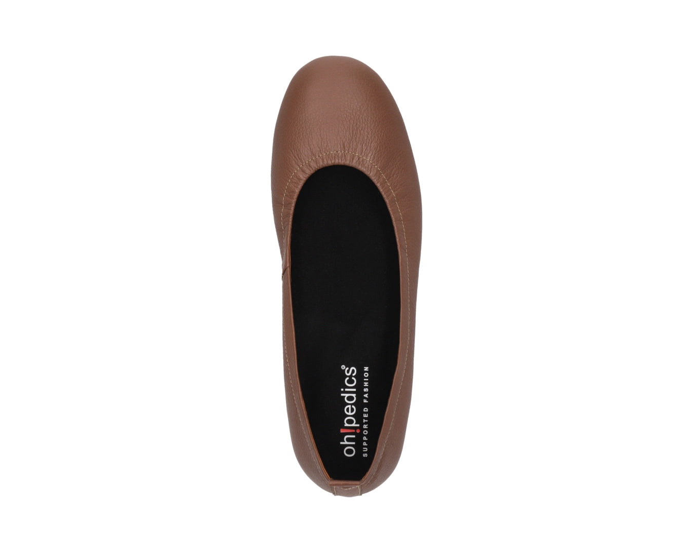 Top view of Nutmeg Brown Full Grain Leather Ballet Flats with a semi-round toe and removable BLACK FlexiComfort orthotic for flat feet.
