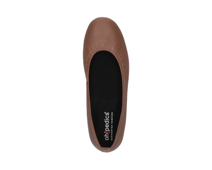 Top view of Nutmeg Brown Full Grain Leather Ballet Flats with a semi-round toe and removable BLACK FlexiComfort orthotic for flat feet.