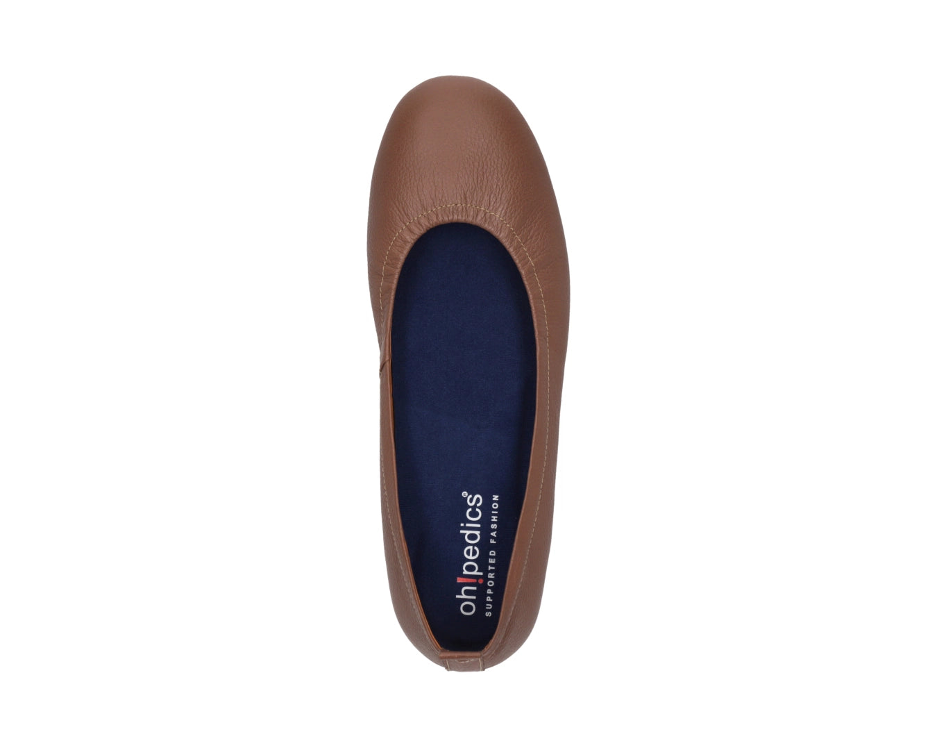 Top view of Nutmeg Brown Full Grain Leather Ballet Flats with a semi-round toe and BLUE ComfortFlex orthotic for feet without problems.