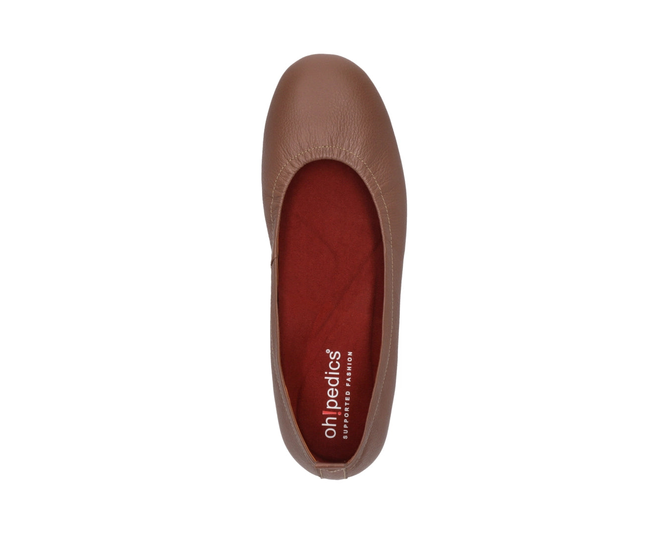 Top view of Nutmeg Brown Full Grain Leather Ballet Flats with a semi-round toe and RED ArchSupport orthotic for flat feet, calcaneal spurs, and plantar fasciitis.