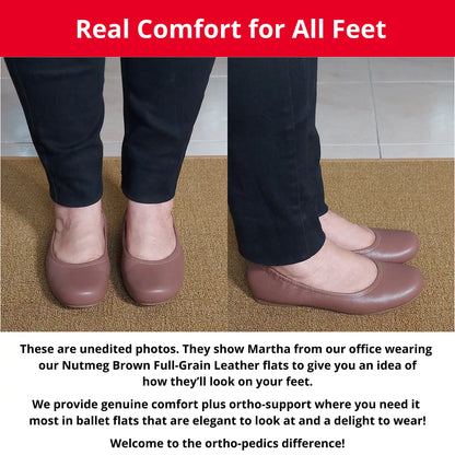 Martha from our office wearing Nutmeg Brown Full Grain leather orthopedic ballet flats, showing a front and side view. The image also includes descriptive text highlighting the genuine comfort, ortho-support, and elegant style of these flats.