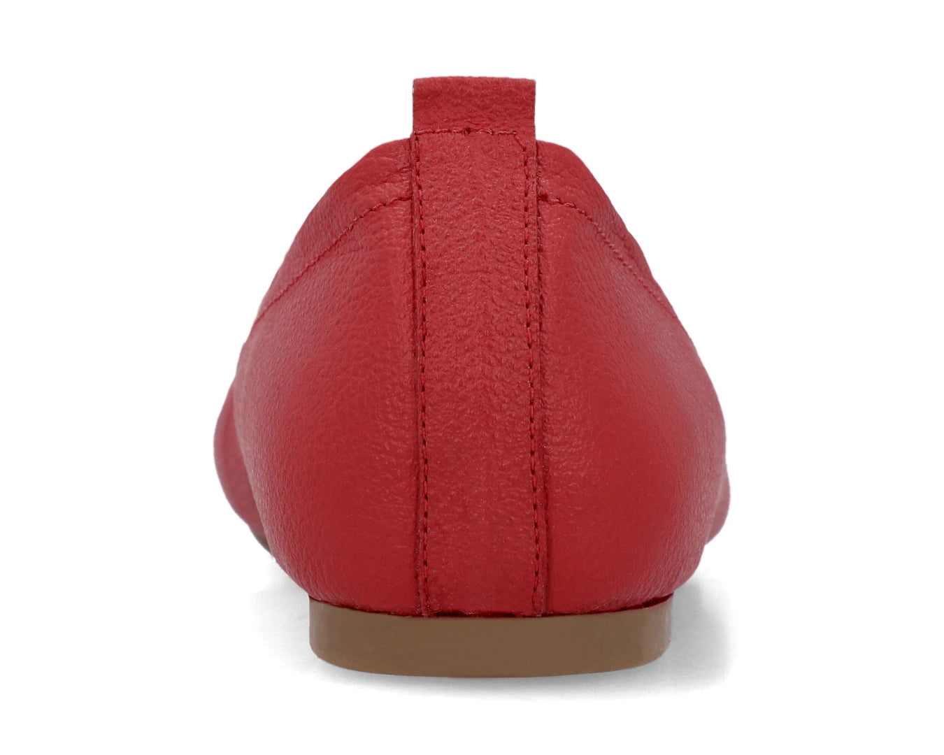 Back view of red full-grain leather ballet flats showing the leather texture.
