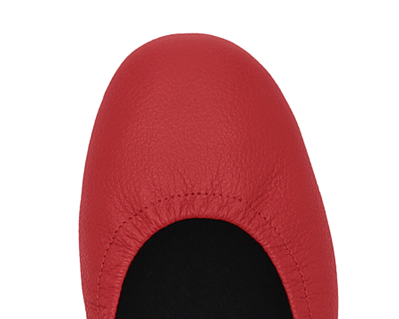 Close-up of the full-grain leather on Red Ballet Flats with removable BLACK FlexiComfort orthotic for flat feet.