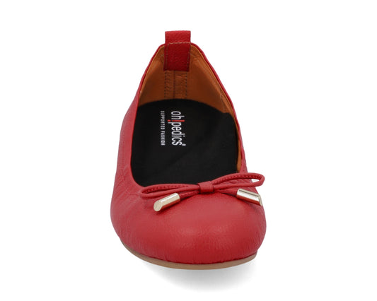 Front view of Red Full-Grain Leather Ballet Flats with a semi-round toe and BLACK FlexiComfort orthotic for flat feet and 24k-gold-plated-bows.