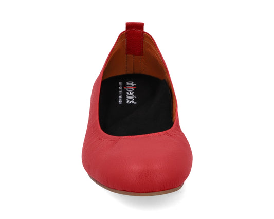 Front view of Red Full-Grain Leather Ballet Flats with a semi-round toe and BLACK FlexiComfort orthotic for flat feet.