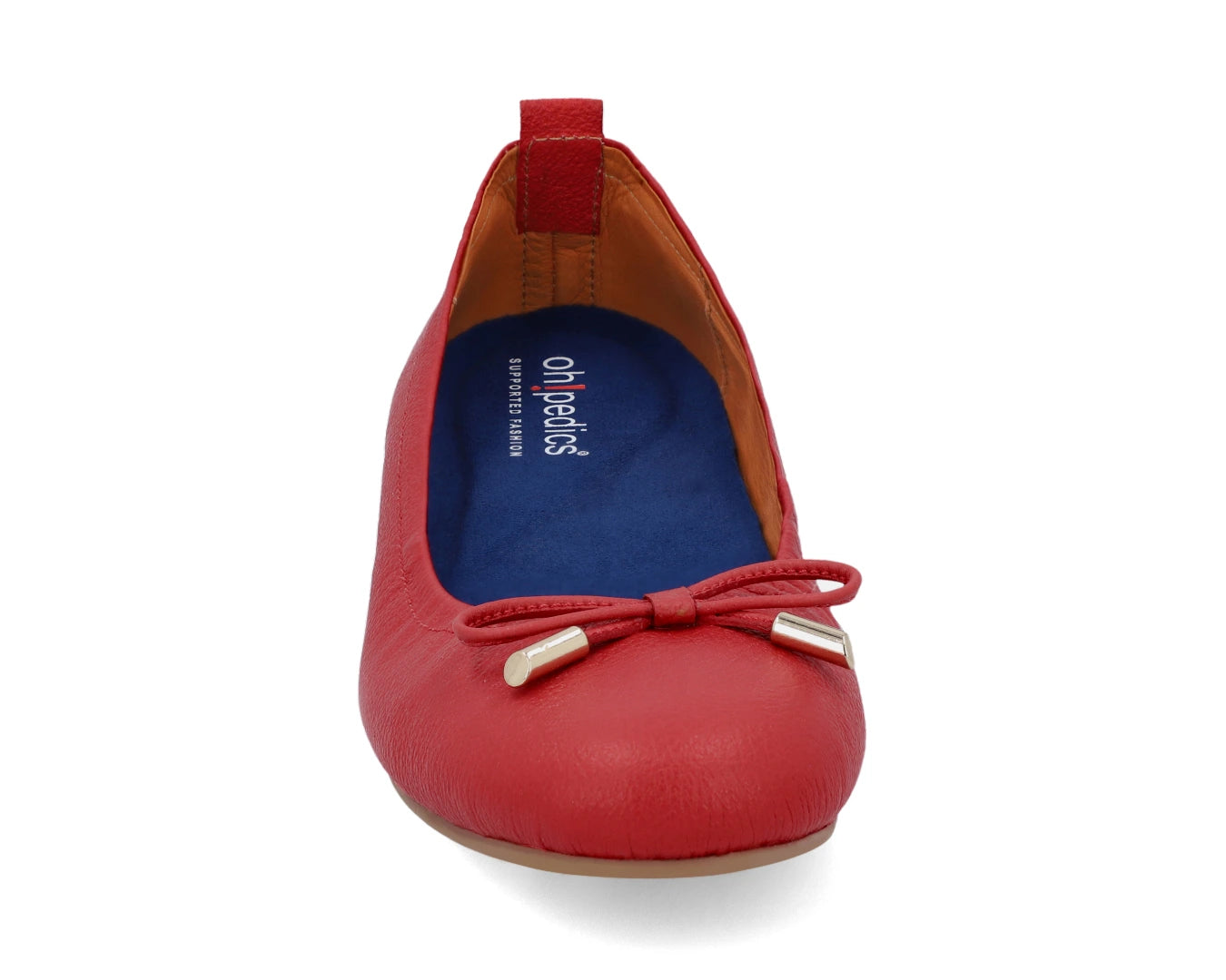 Front view of red full-grain leather ballet flats with a semi-round toe and BLUE ComfortFlex orthotic for feet without problems and 24k-gold-plated-bows.
