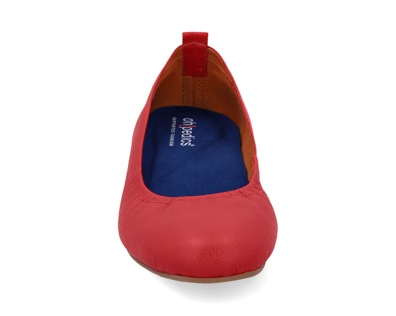 Front view of Red Full-Grain Leather Ballet Flats with a semi-round toe and BLUE ComfortFlex orthotic for feet without problems.