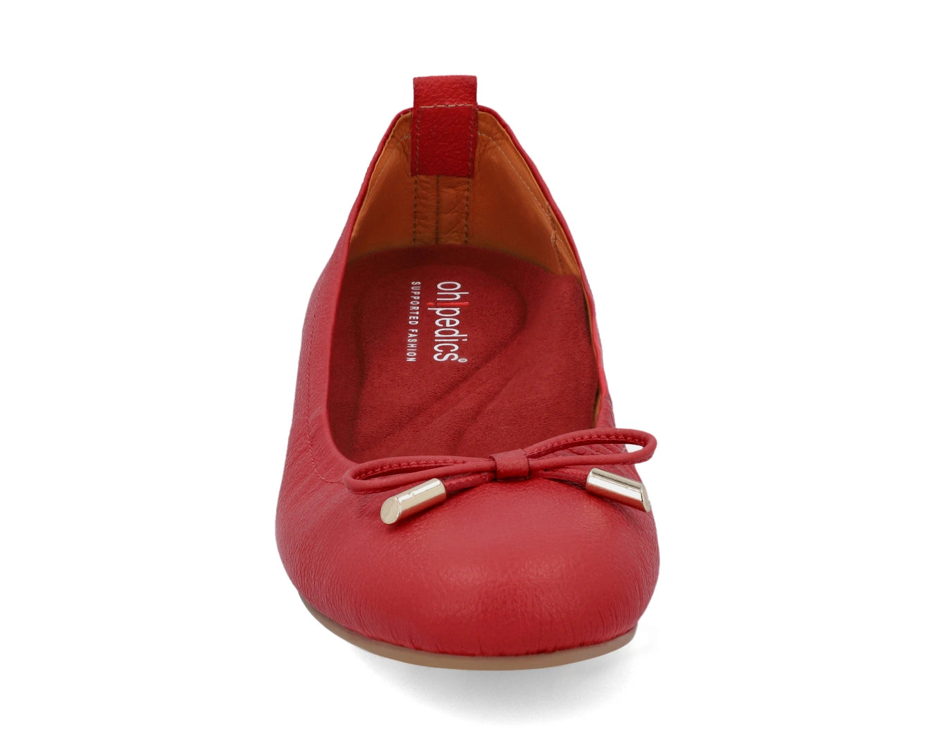 Front view of red full-grain leather ballet flats with a semi-round toe and RED Arch Support orthotic for flat feet, calcaneal spurs, and plantar fasciitis and 24k-gold-plated-bows.