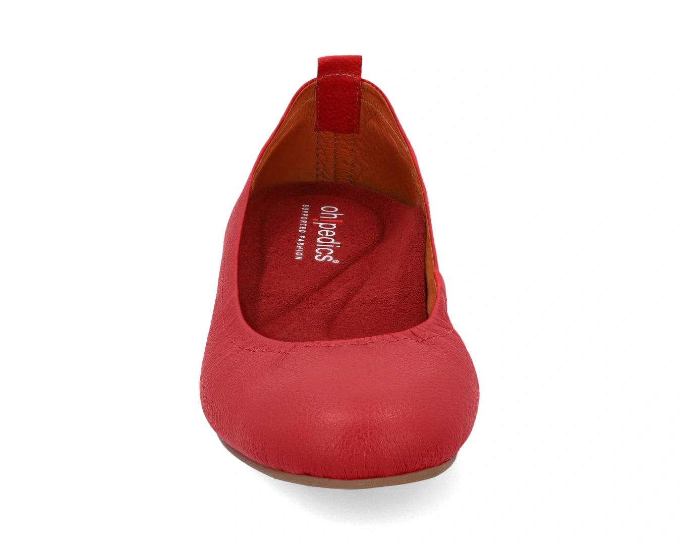 Front view of Red Full-Grain Leather Ballet Flats with a semi-round toe and RED Arch Support orthotic for flat feet, calcaneal spurs, and plantar fasciitis.