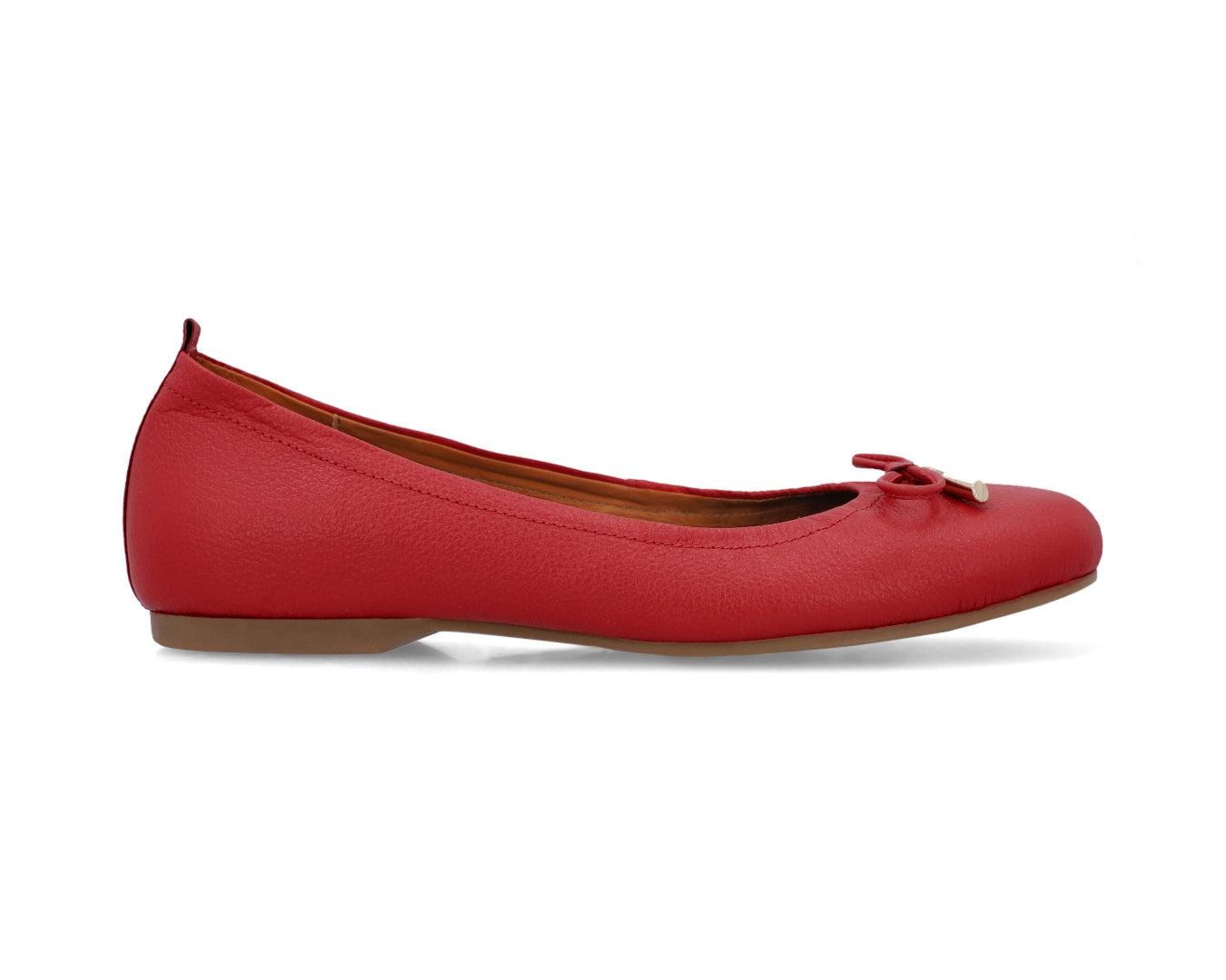 Side view of red full-grain leather ballet flats showcasing a semi-round toe and 24k-gold-plated-bows.