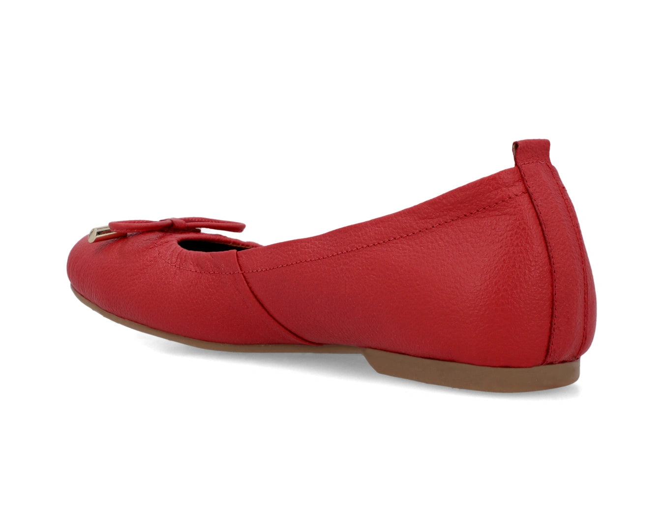 Three-quarter back view of red full-grain leather ballet flats with a semi-round toe and 24k-gold-plated-bows.