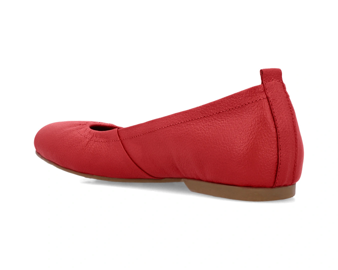 Three-quarter back view of Red Full-Grain Leather Ballet Flats with a semi-round toe.