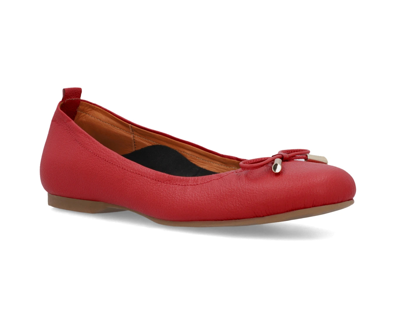 Three-quarter front view of red full-grain leather ballet flats with a semi-round toe and removable BLACK FlexiComfort orthotic for flat feet and 24k-gold-plated-bows.