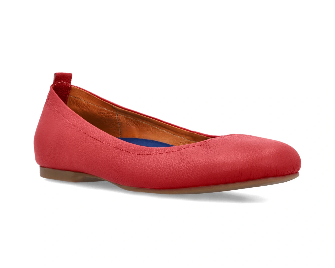 Three-quarter front view of Red Full-Grain Leather Ballet Flats with a semi-round toe and removable BLUE ComfortFlex orthotic for feet without problems.