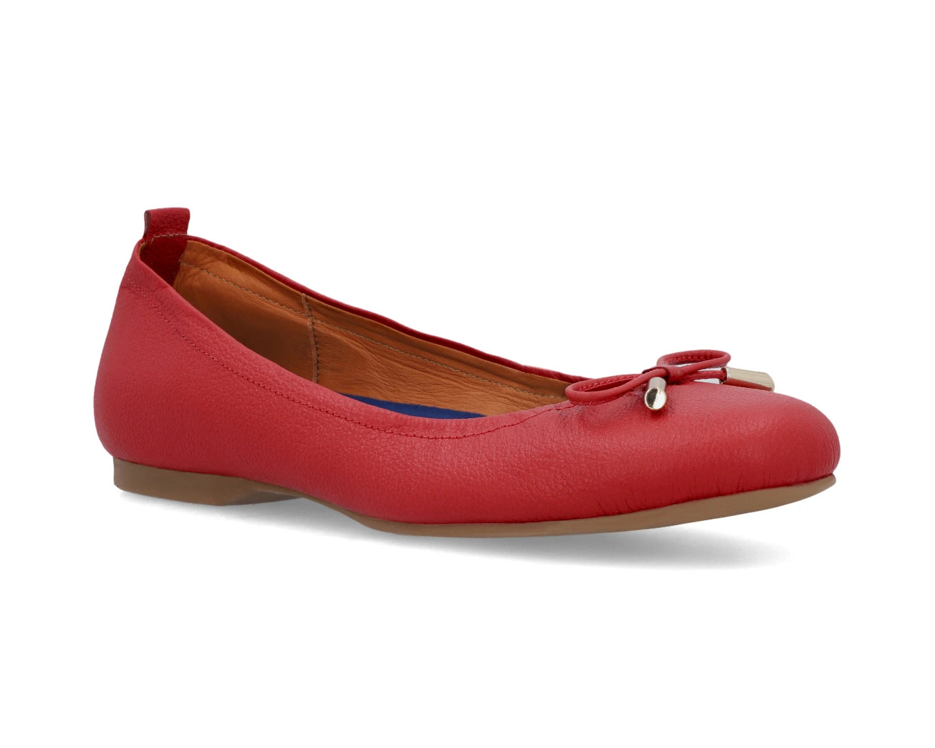 Three-quarter front view of red full-grain leather ballet flats with a semi-round toe and removable BLUE ComfortFlex orthotic for feet without problems and 24k-gold-plated-bows.