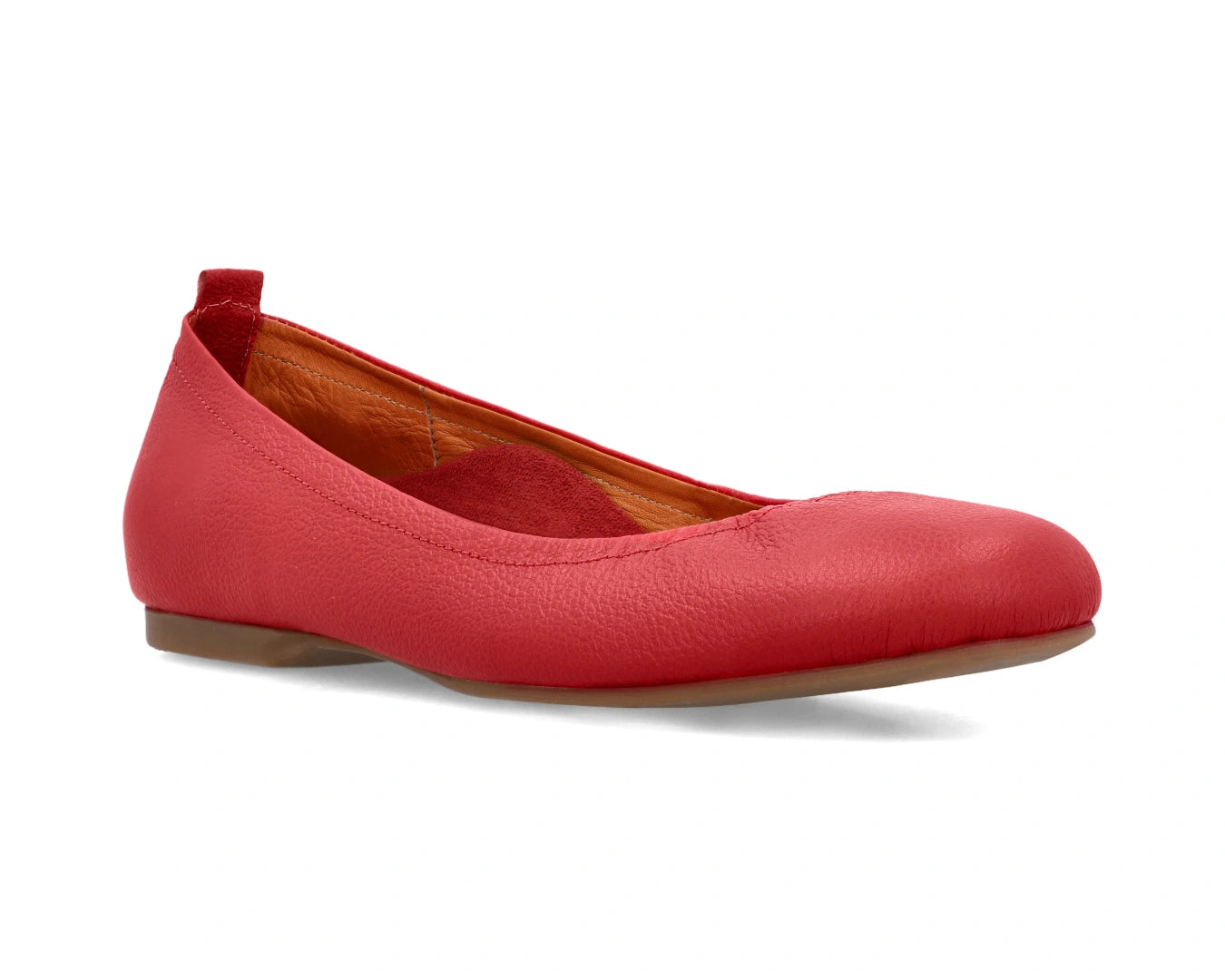 Three-quarter front view of Red Full-Grain Leather Ballet Flats with a semi-round toe and removable RED ArchSupport orthotic for flat feet, calcaneal spurs, and plantar fasciitis.