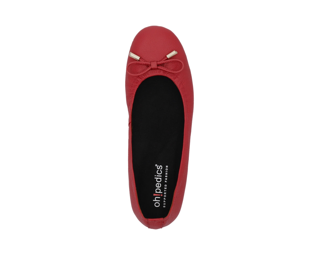 Top view of red full-grain leather ballet flats with a semi-round toe featuring removable BLACK FlexiComfort orthotic for flat feet and 24k-gold-plated-bows.