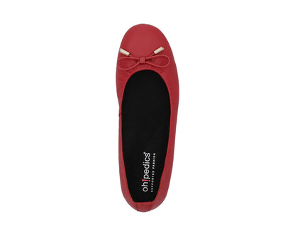Top view of red full-grain leather ballet flats with a semi-round toe featuring removable BLACK FlexiComfort orthotic for flat feet and 24k-gold-plated-bows.