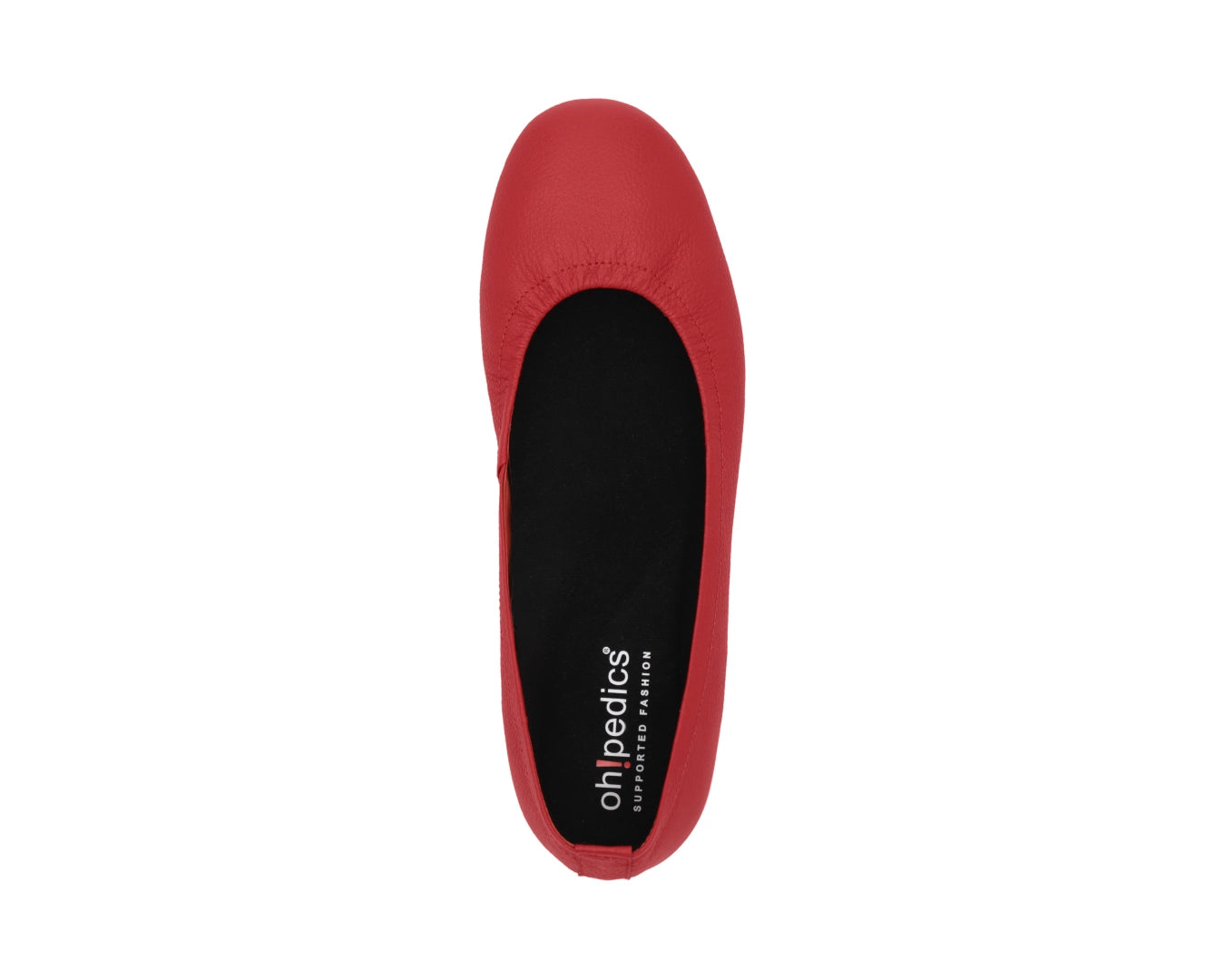 Top view of Red Full-Grain Leather Ballet Flats with a semi-round toe and removable BLACK FlexiComfort orthotic for flat feet.
