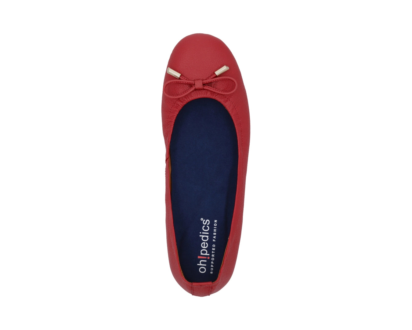 Top view of red full-grain leather ballet flats with a semi-round toe and BLUE ComfortFlex orthotic for feet without problems and 24k-gold-plated-bows.