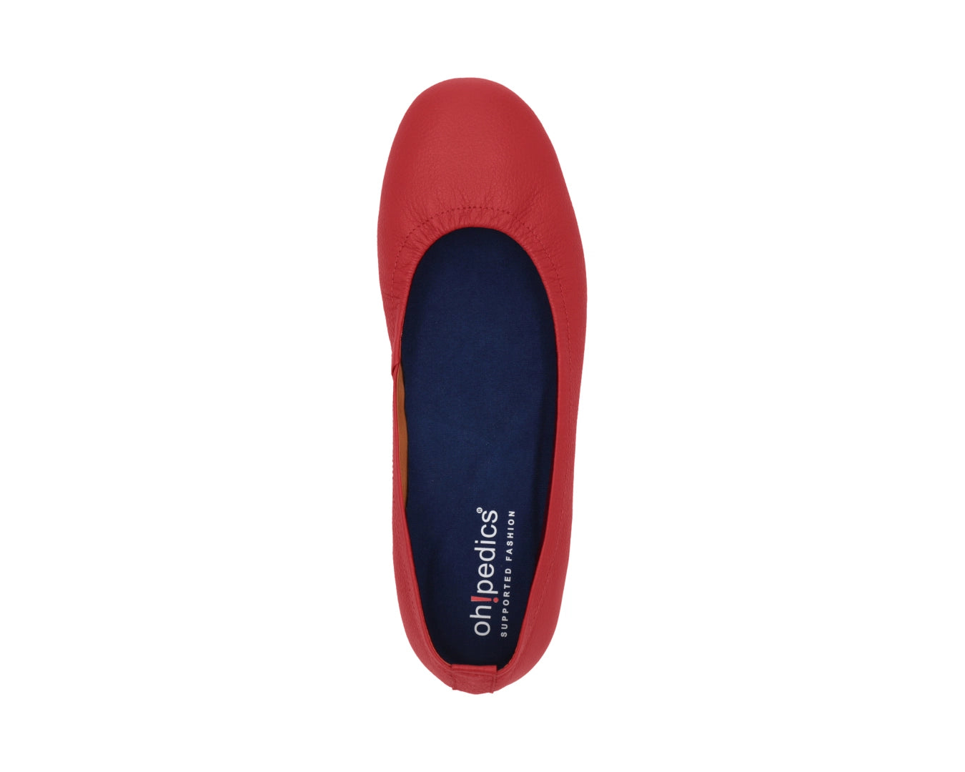 Top view of Red Full-Grain Leather Ballet Flats with a semi-round toe and BLUE ComfortFlex orthotic for feet without problems.