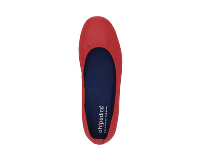Top view of Red Full-Grain Leather Ballet Flats with a semi-round toe and BLUE ComfortFlex orthotic for feet without problems.