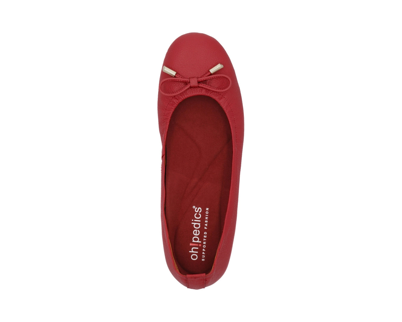 Top view of red full-grain leather ballet flats with a semi-round toe featuring RED ArchSupport orthotic for flat feet, calcaneal spurs, and plantar fasciitis and 24k-gold-plated-bows.