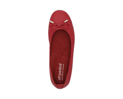 Top view of red full-grain leather ballet flats with a semi-round toe featuring RED ArchSupport orthotic for flat feet, calcaneal spurs, and plantar fasciitis and 24k-gold-plated-bows.