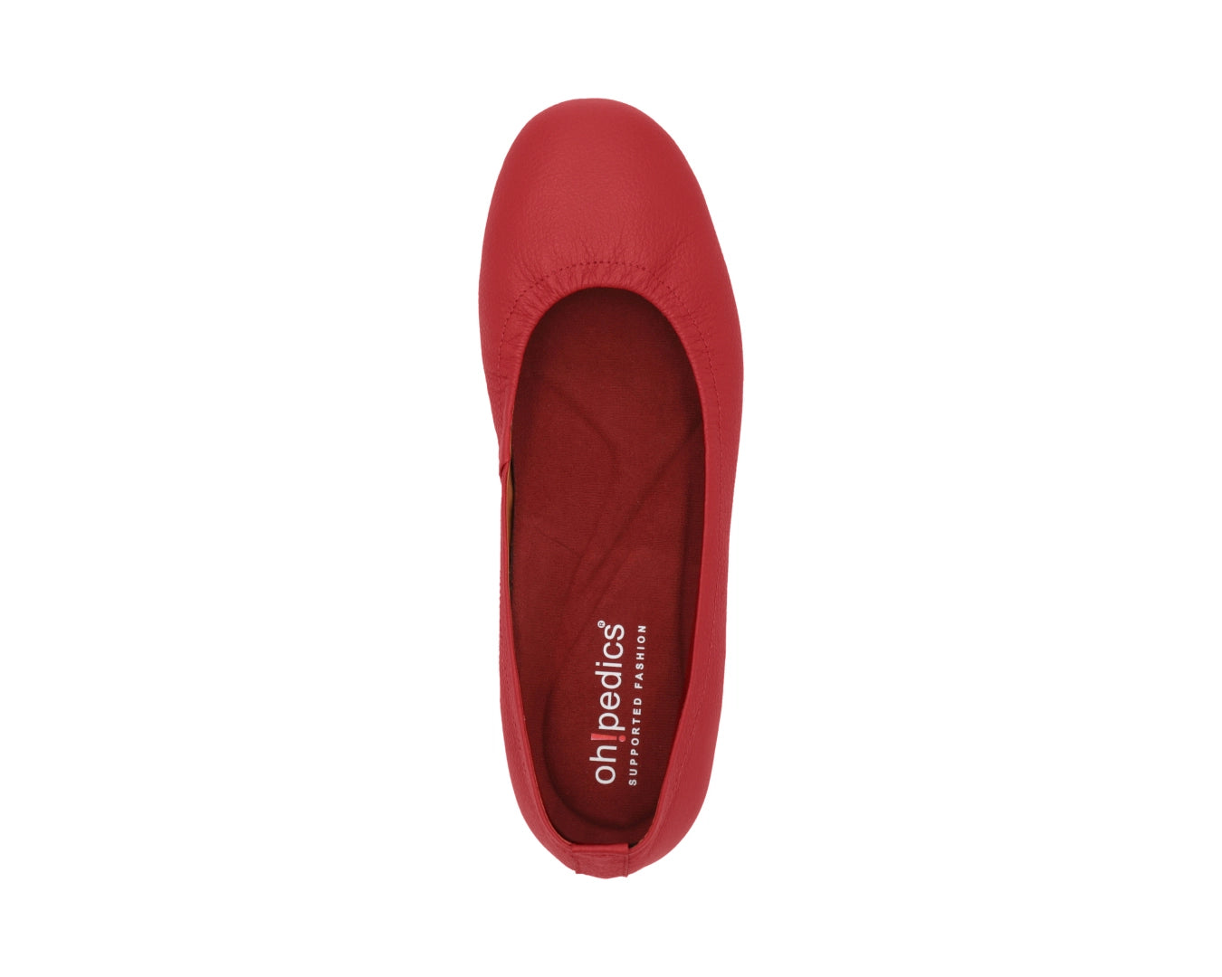 Top view of Red Full-Grain Leather Ballet Flats with a semi-round toe and RED ArchSupport orthotic for flat feet, calcaneal spurs, and plantar fasciitis.