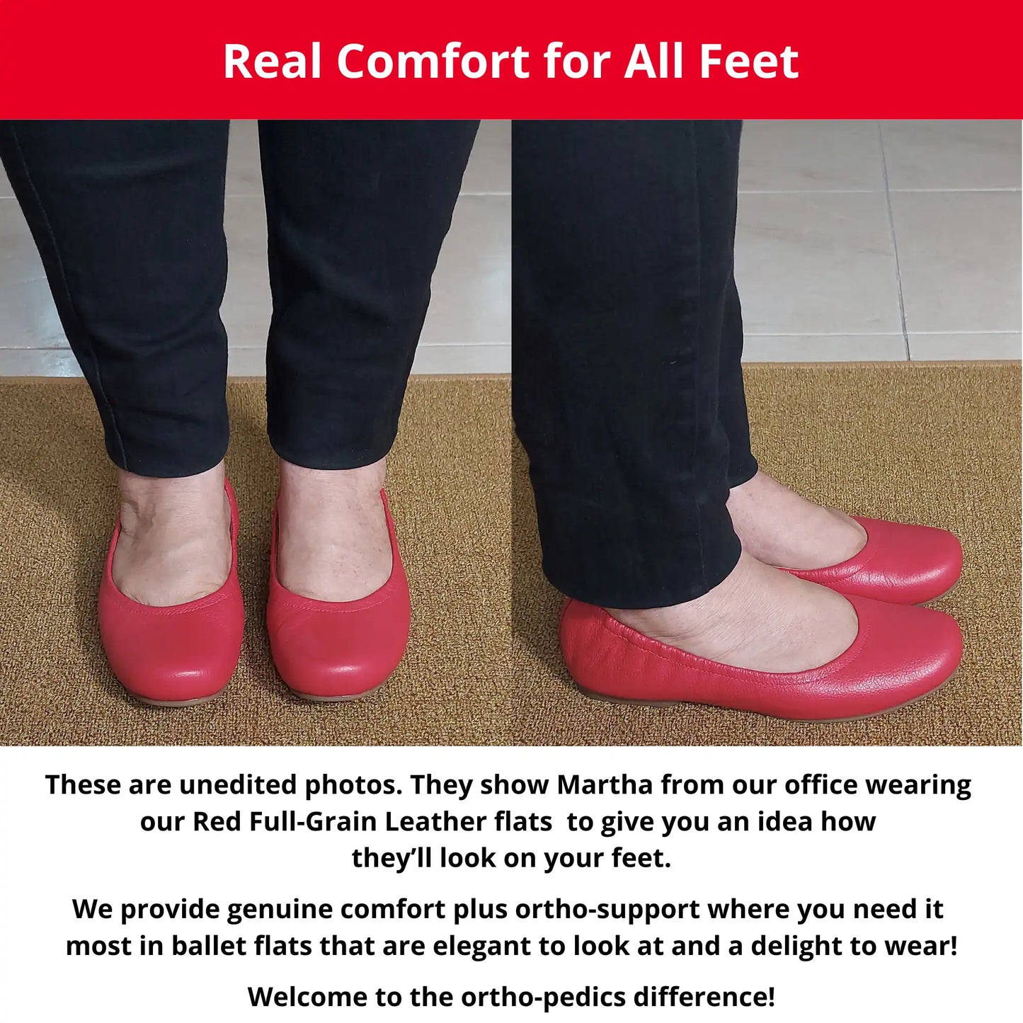 Martha from our office wearing Red Full Grain leather orthopedic ballet flats, showing a front and side view. The image also includes descriptive text highlighting the genuine comfort, ortho-support, and elegant style of these flats.