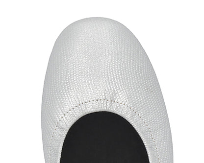 Close-up of silver wild-embossed full-grain leather ballet flats featuring a removable BLACK FlexiComfort orthotic for flat feet.