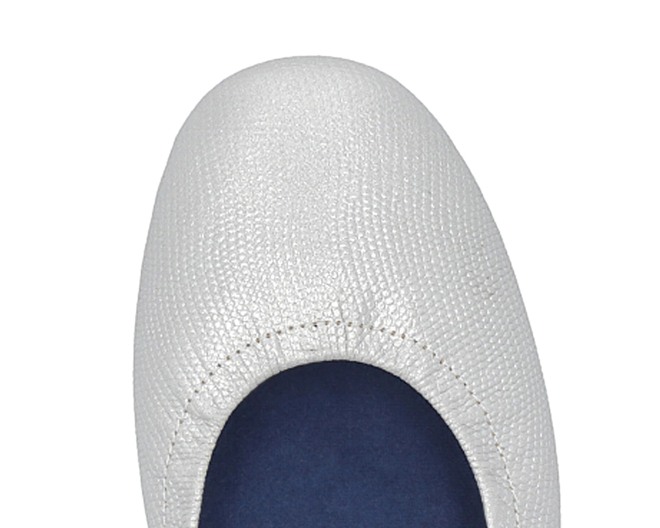 Close-up of silver wild-embossed full-grain leather ballet flats featuring a  removable BLUE ComfortFlex orthotic for feet without problems.