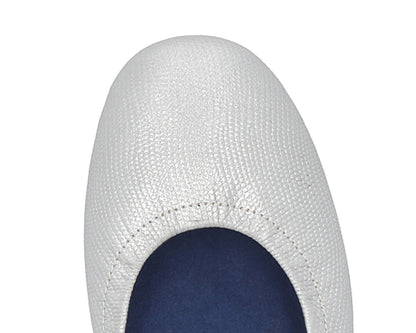 Close-up of silver wild-embossed full-grain leather ballet flats featuring a  removable BLUE ComfortFlex orthotic for feet without problems.