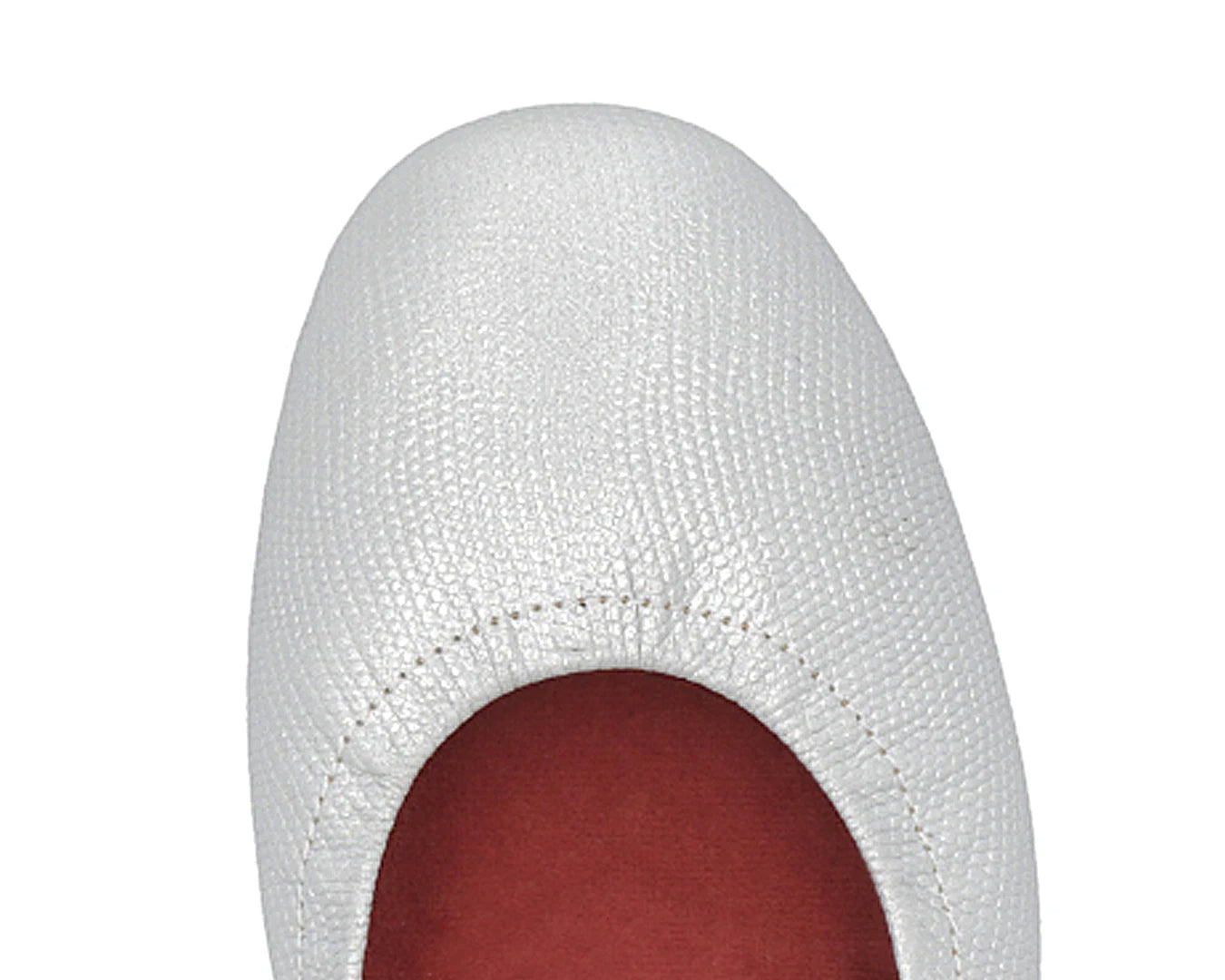 Close-up of silver wild-embossed full-grain leather ballet flats featuring a removable RED ArchSupport orthotic, designed for flat feet, calcaneal spurs, and plantar fasciitis.
