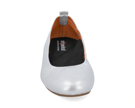 Front view of Silver Wild-Embossed Full Grain Leather Ballet Flats with a semi-round toe and BLACK FlexiComfort orthotic for flat feet.