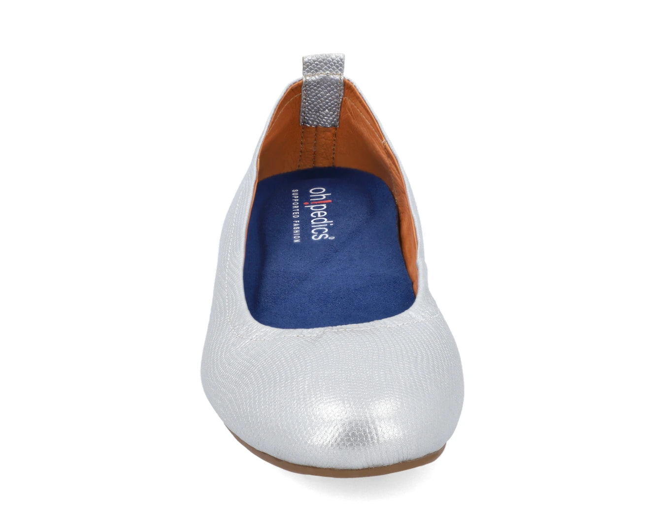Front view of Silver Wild-Embossed Full Grain Leather Ballet Flats with a semi-round toe and BLUE ComfortFlex orthotic for feet without problems.