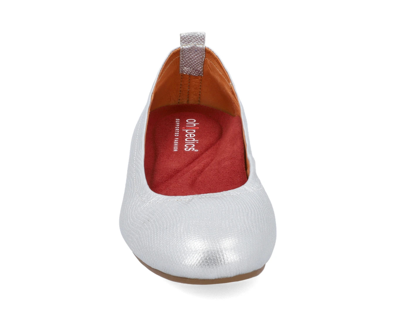 Front view of Silver Wild-Embossed Full Grain Leather Ballet Flats with a semi-round toe and RED Arch Support orthotic for flat feet, calcaneal spurs, and plantar fasciitis.