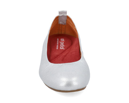 Front view of Silver Wild-Embossed Full Grain Leather Ballet Flats with a semi-round toe and RED Arch Support orthotic for flat feet, calcaneal spurs, and plantar fasciitis.