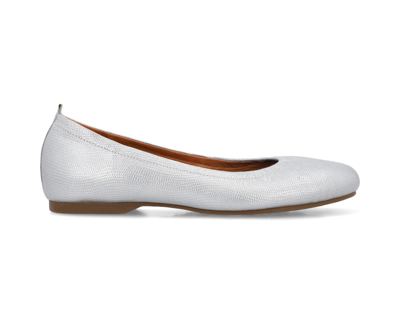 Side view of Silver Wild-Embossed Full Grain Leather Flats showcasing a semi-round toe.