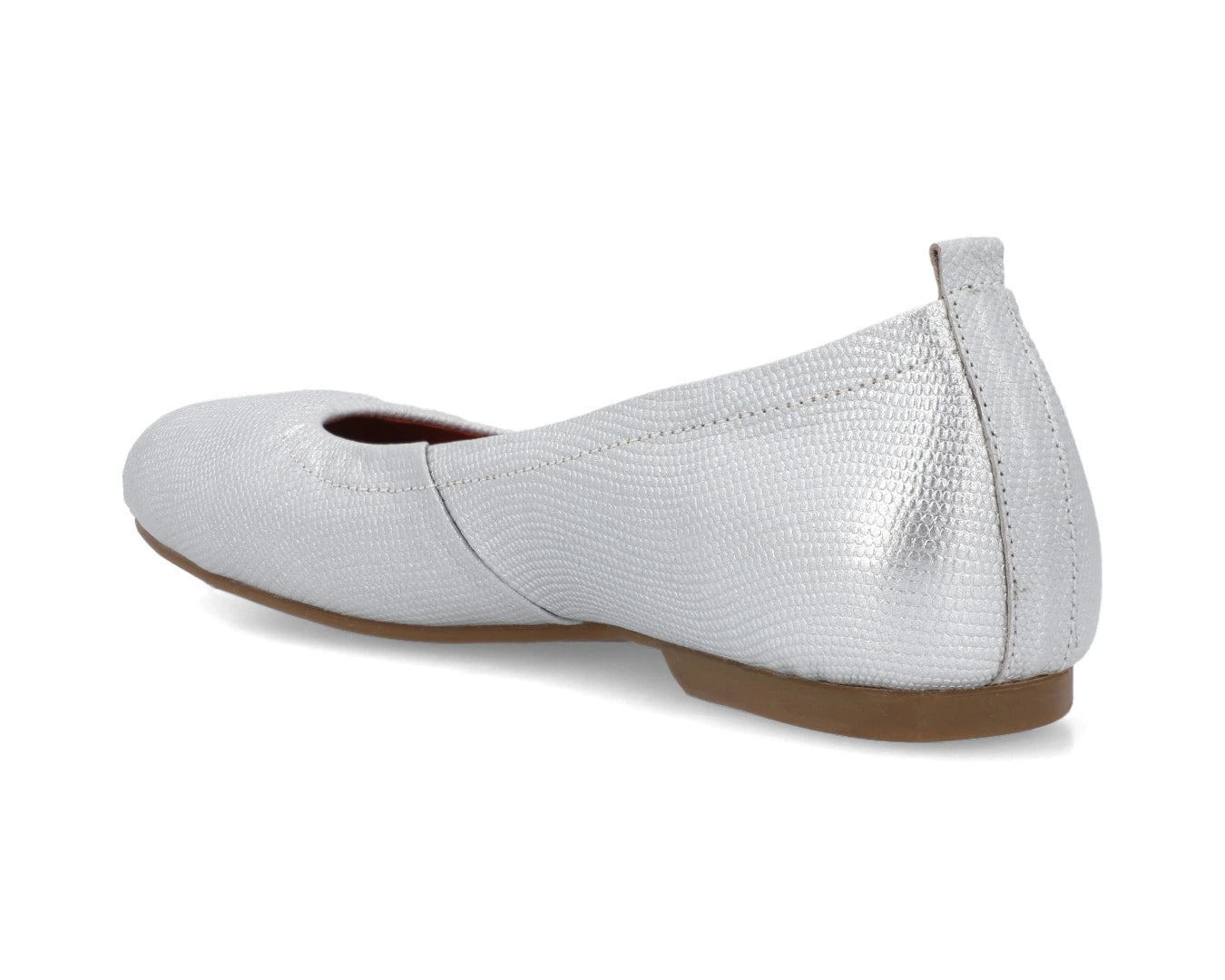 Three-quarter back view of Silver Wild-Embossed Full Grain Leather Ballet Flats with a semi-round toe.
