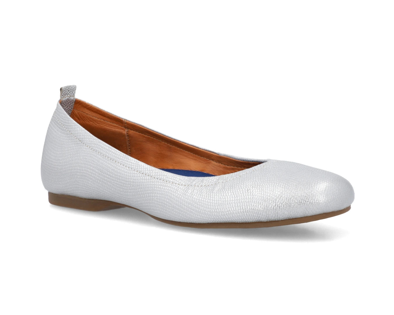 Three-quarter front view of Silver Wild-Embossed Full Grain Leather Ballet Flats with a semi-round toe and removable BLUE ComfortFlex orthotic for feet without problems.